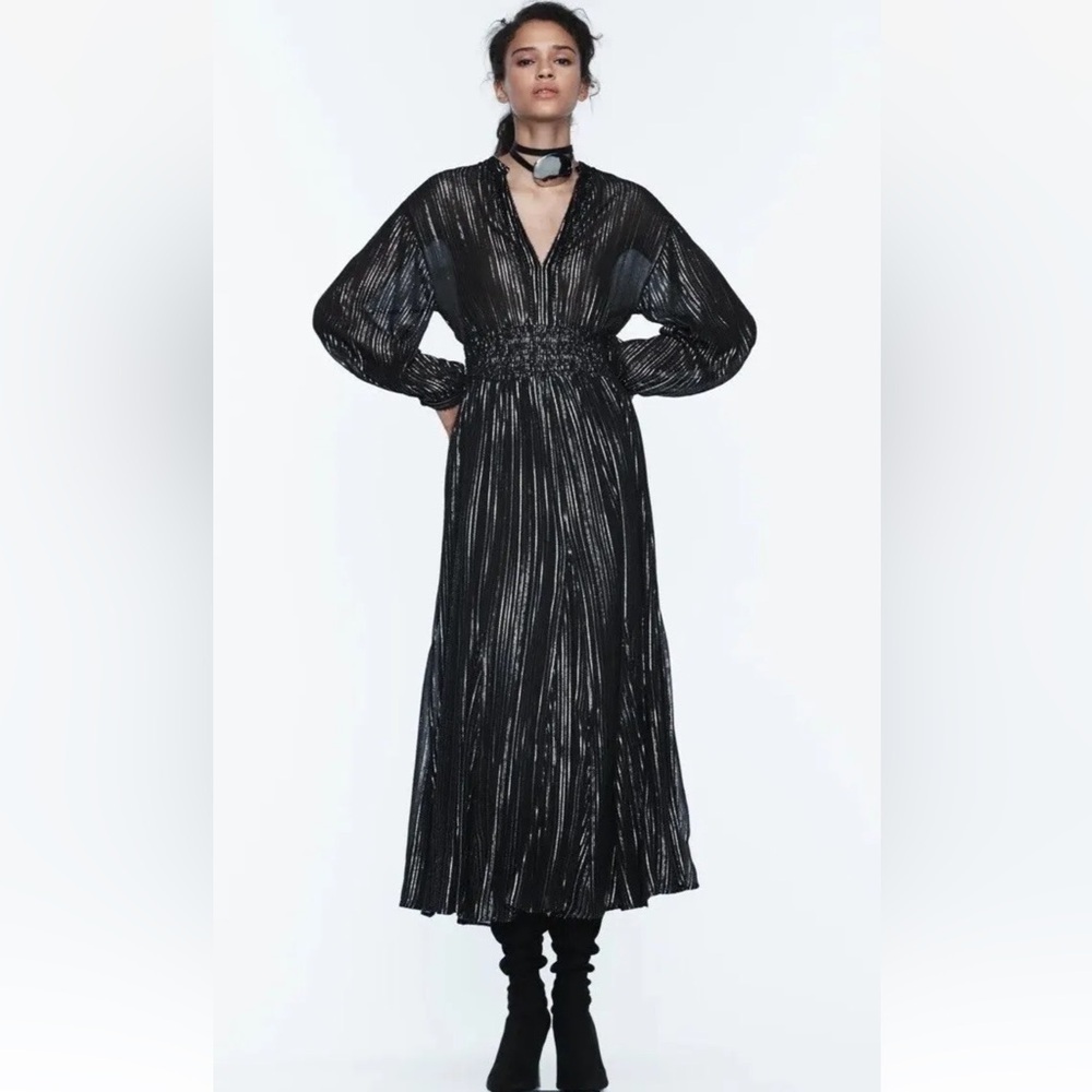 Zara Metallic Stripe Dress Black Silver Notch Collar Beaded Trim - Picture 2 of 11